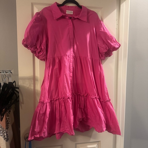 First Love Pink Ruffled Tiered Sundress with Puff Sleeves - Picture 1 of 6